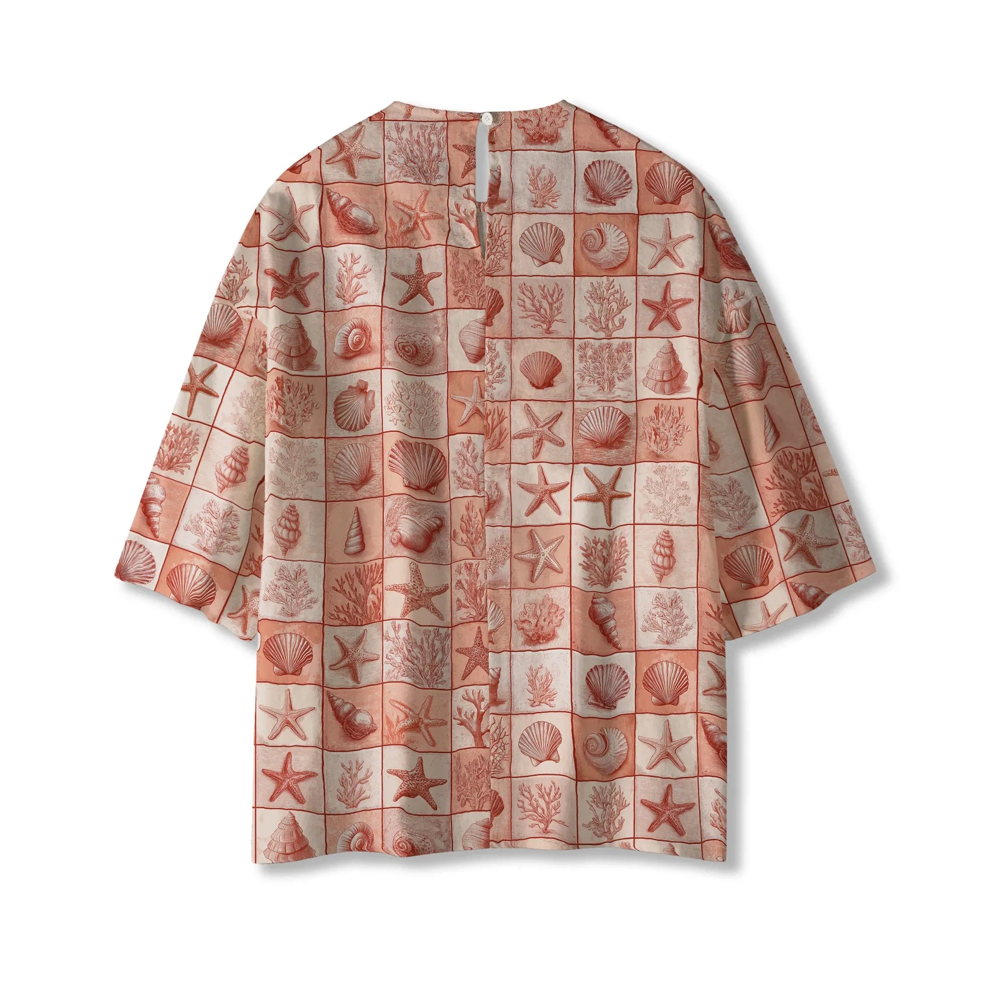 Coral red women's blouse with tropical art print for vacation