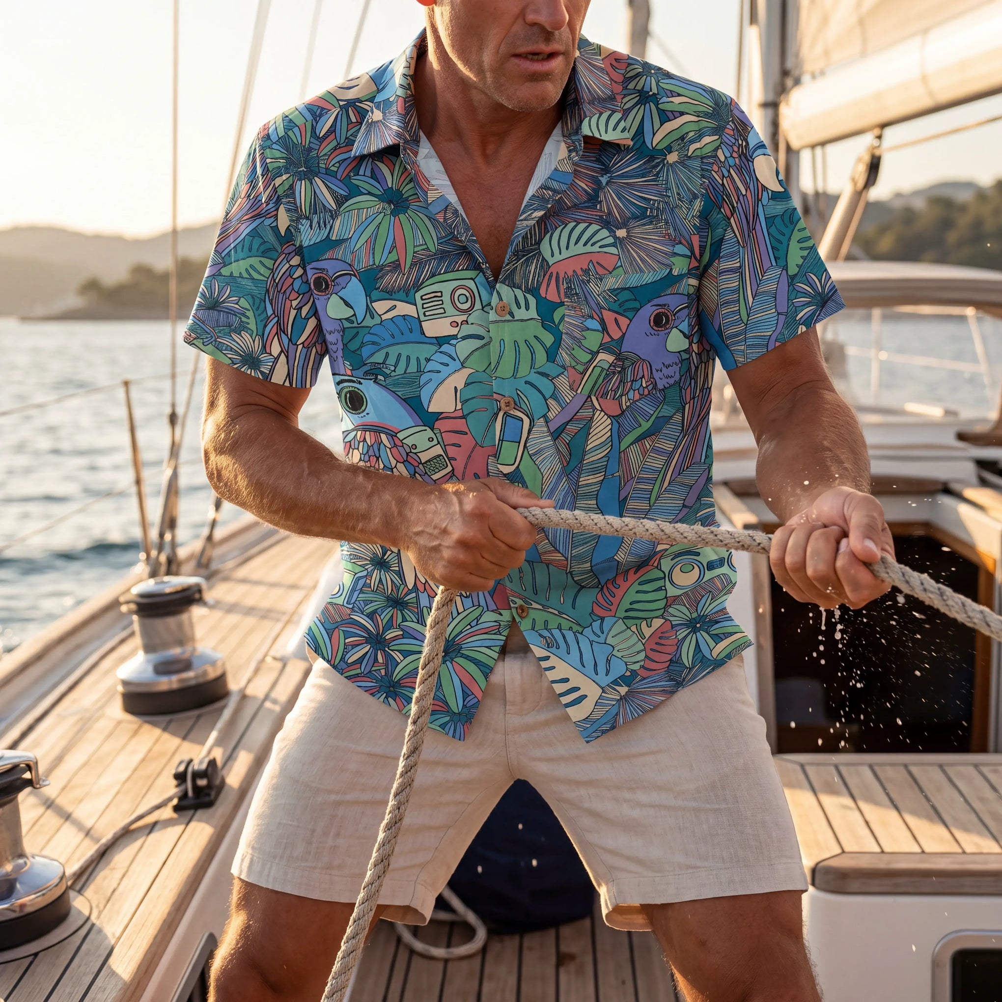 Art-inspired men's shirt with tropical parrot pattern
