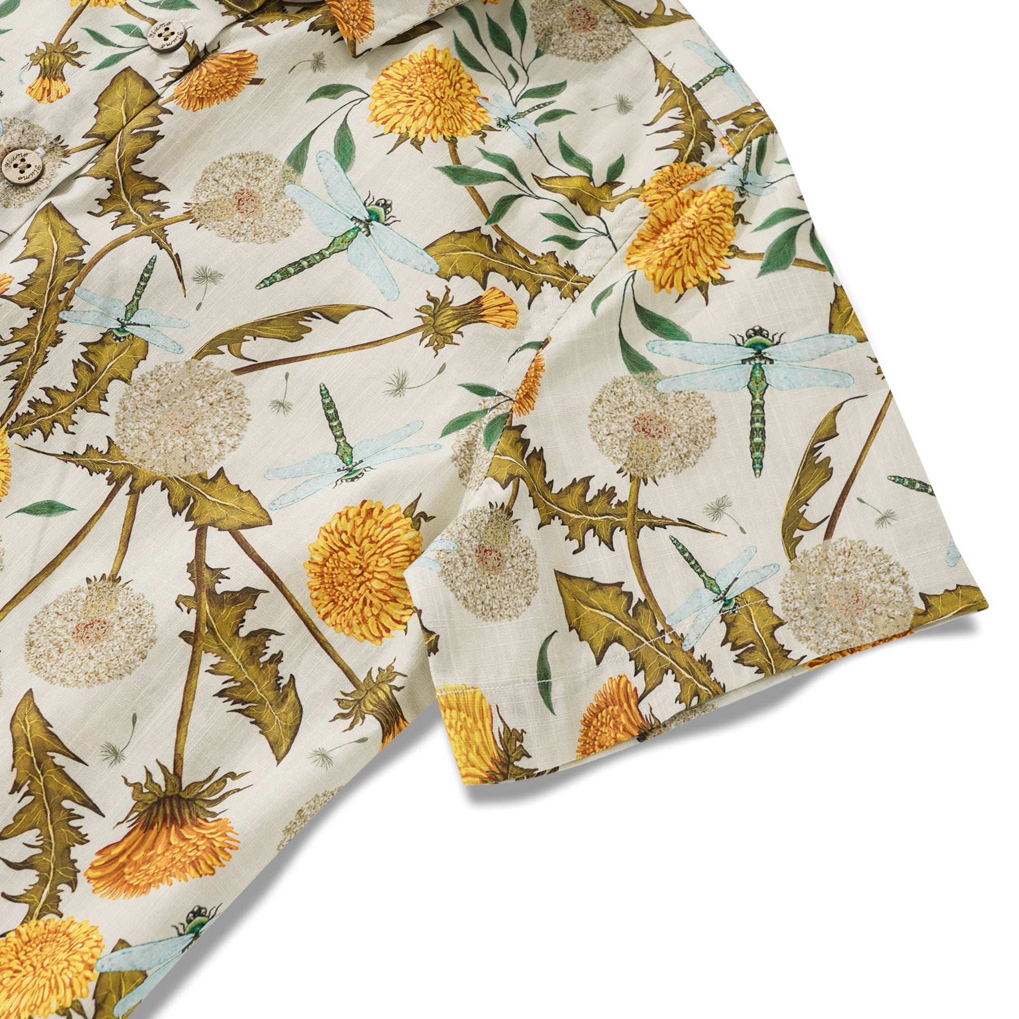 Women's Hawaiian Shirt Short Sleeve Button-up 100% Cotton Yellow Aloha Dandelions and Dragonflies By Silver Steer Design