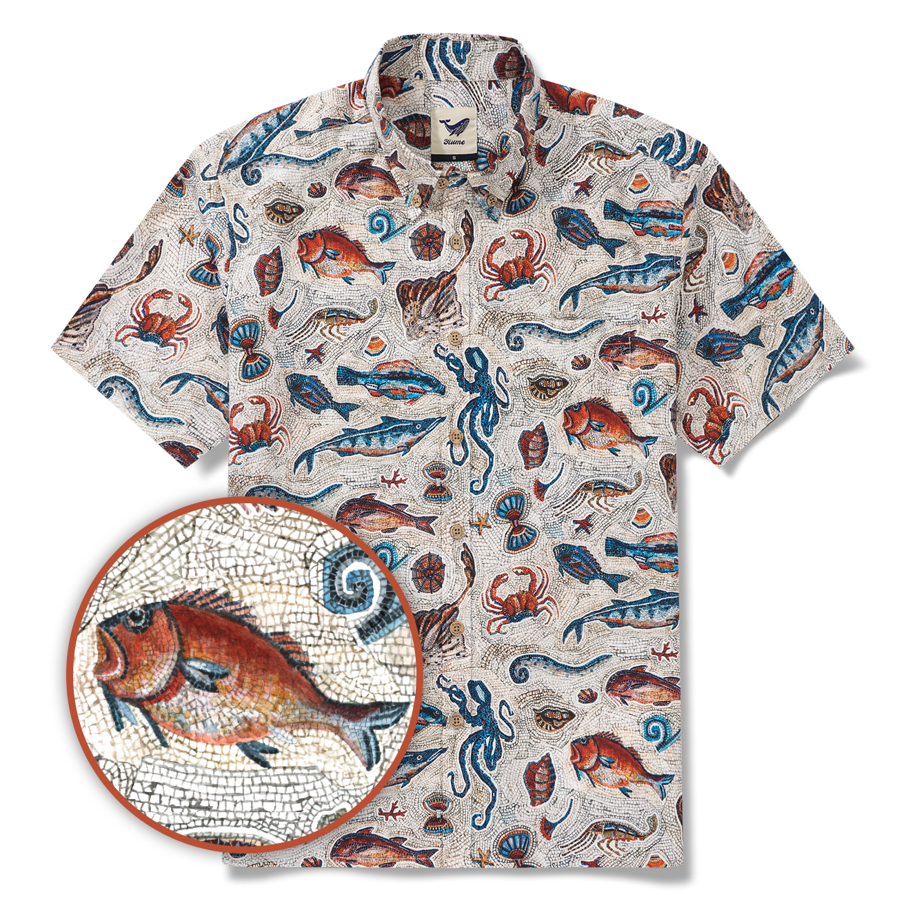 Men's Hawaiian Shirt Short Sleeve Button-down 100% Cotton Beige Aloha Seaside Mosaic