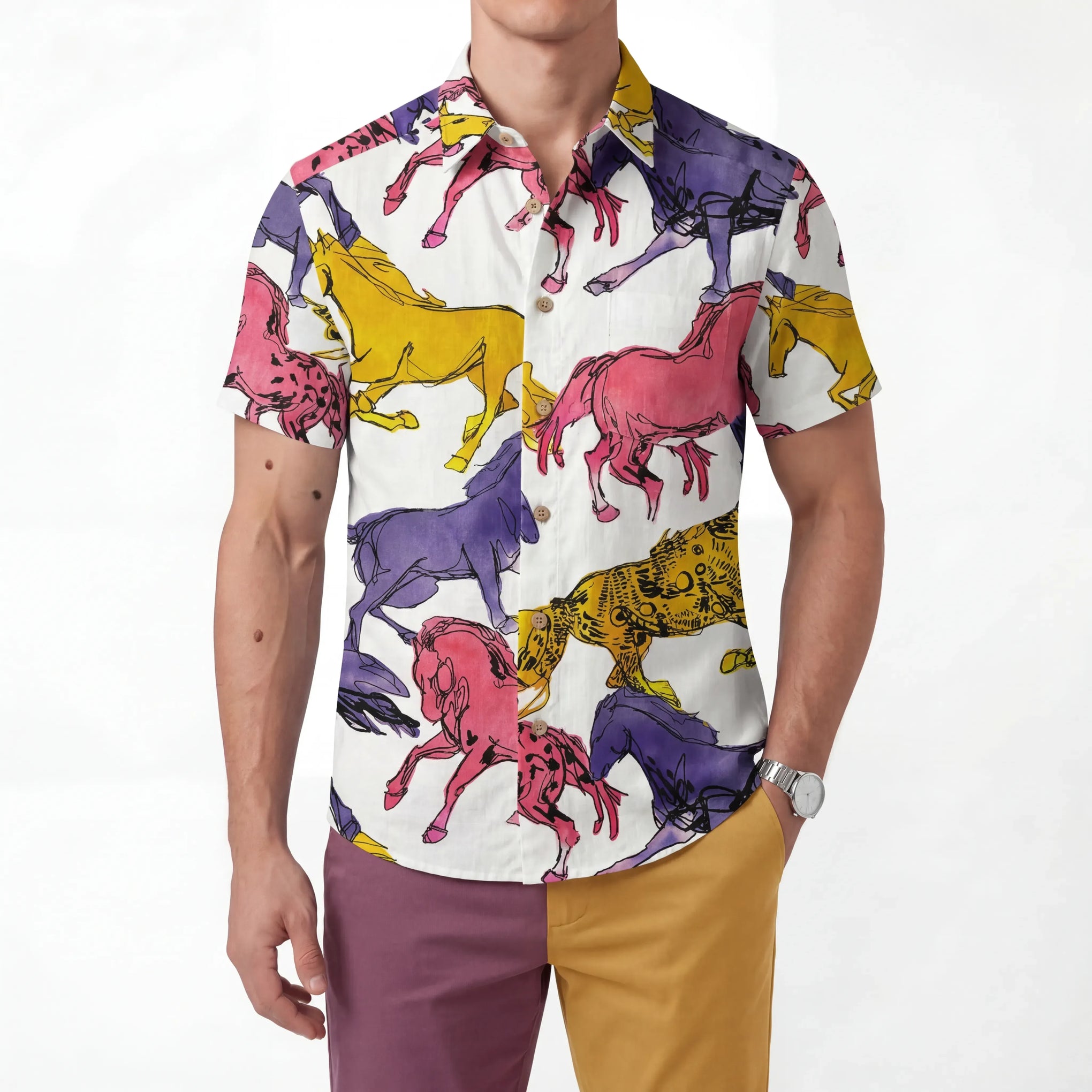 Men's short sleeve yellow Hawaiian shirt with horse pattern