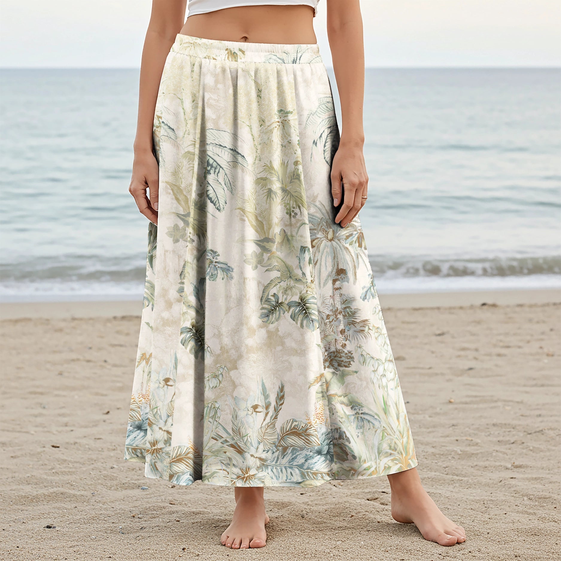 Women Casual Maxi Skirt Long Elastic Waist with Pockets 100% Cotton Green Aloha Green Oasis
