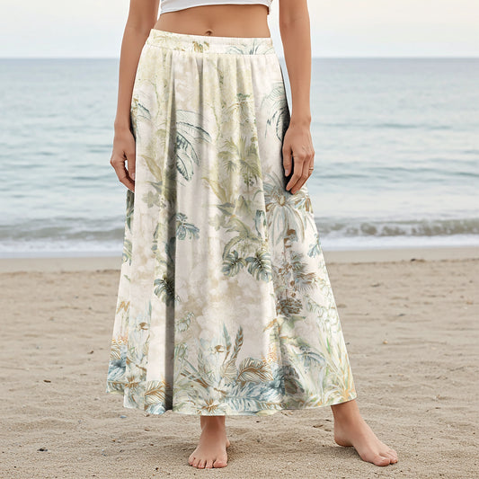 Women Casual Maxi Skirt Long Elastic Waist with Pockets 100% Cotton Green Aloha Green Oasis