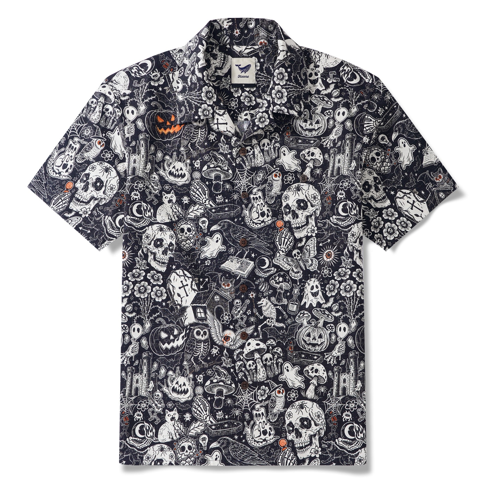 Men's Halloween Shirt Skull Hawaiian Shirt Short Sleeve Camp Collar 100% Cotton Black Halloween Bash