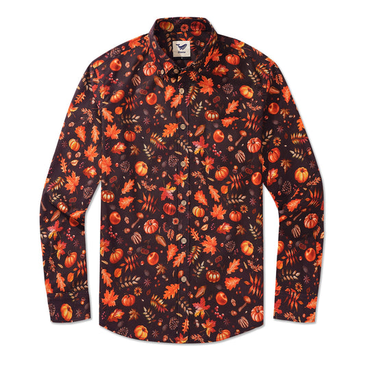 Men's Hawaiian Shirt Long Sleeve Button-down 100% Cotton Brown Aloha Autumn Harvest Festival