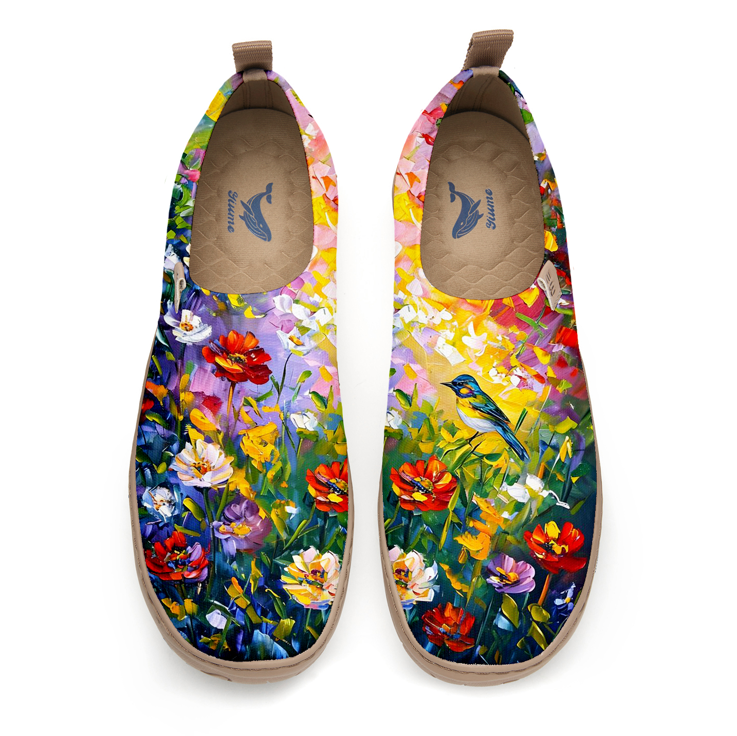Paint d'huile oiseaux et fleurs chaussures de femmes bleues chaussures bleues florales