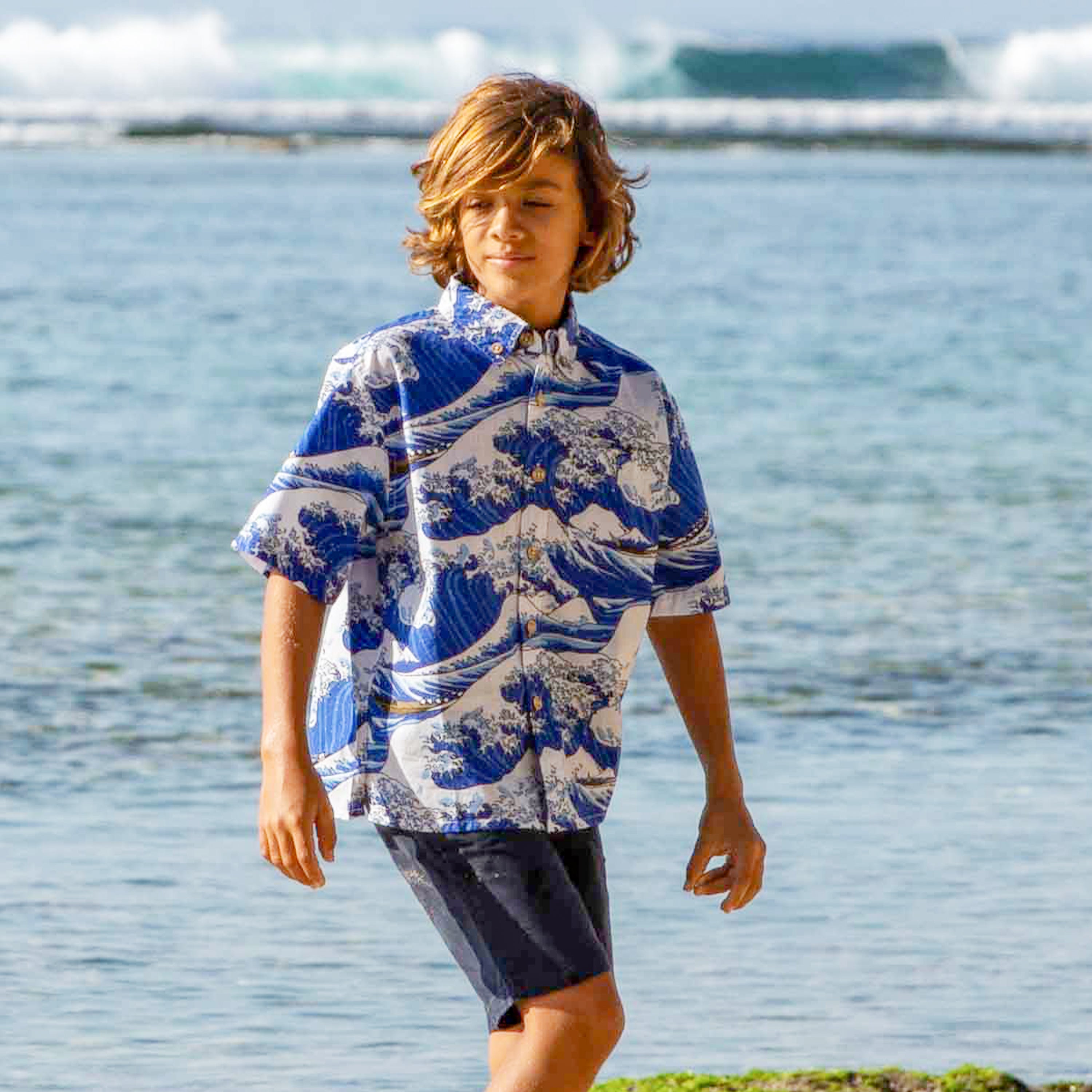 Chemise hawaïenne pour enfants Ocean Waves japonais Ukiyo-e imprimé coton boutonné manches courtes