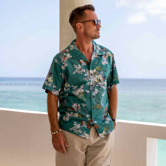 Hawaiian Shirt For Men Elegant plum fragrance Shirt Camp Collar 100% Cotton
