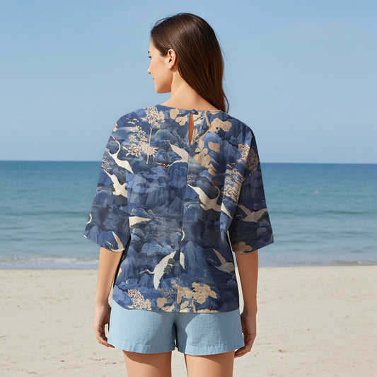 Women Casual Blouse Elbow Sleeve Round Neck Button-Back 95% Lyocell, 5% Linen Blue Aloha Oriental Crane Landscape