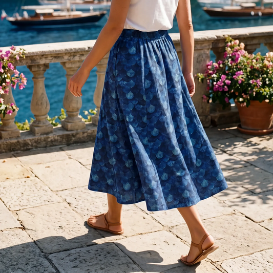 Women's blue art shirt skirt with dragon scales pattern, elastic waist, pockets