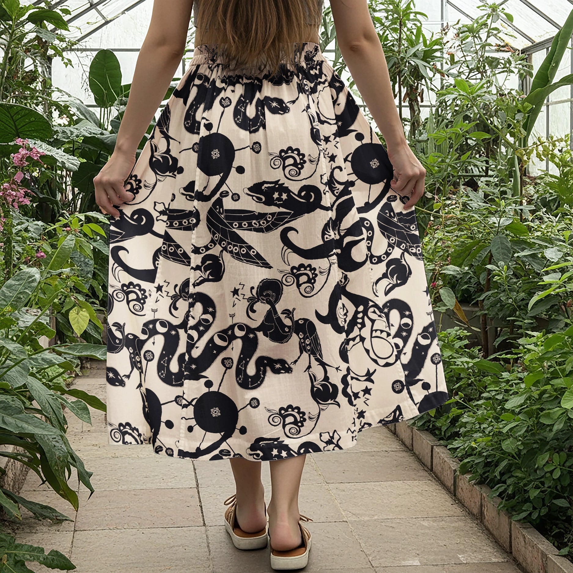 Women Casual Maxi Skirt Long Elastic Waist with Pockets 100% Cotton Black Aloha Mystical Star Trails