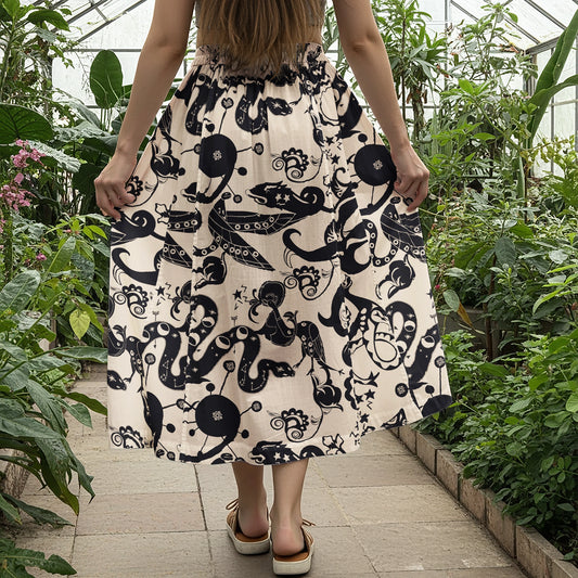 Women Casual Maxi Skirt Long Elastic Waist with Pockets 100% Cotton Black Aloha Mystical Star Trails