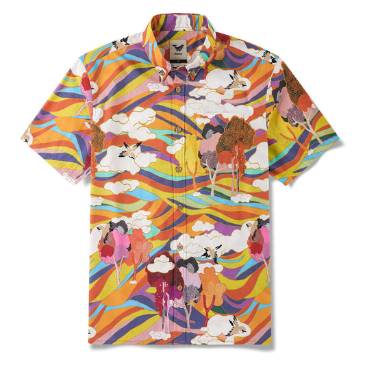 Men's Hawaiian Shirt Short Sleeve Button-down 100% Cotton Aloha Rainbow Mountain