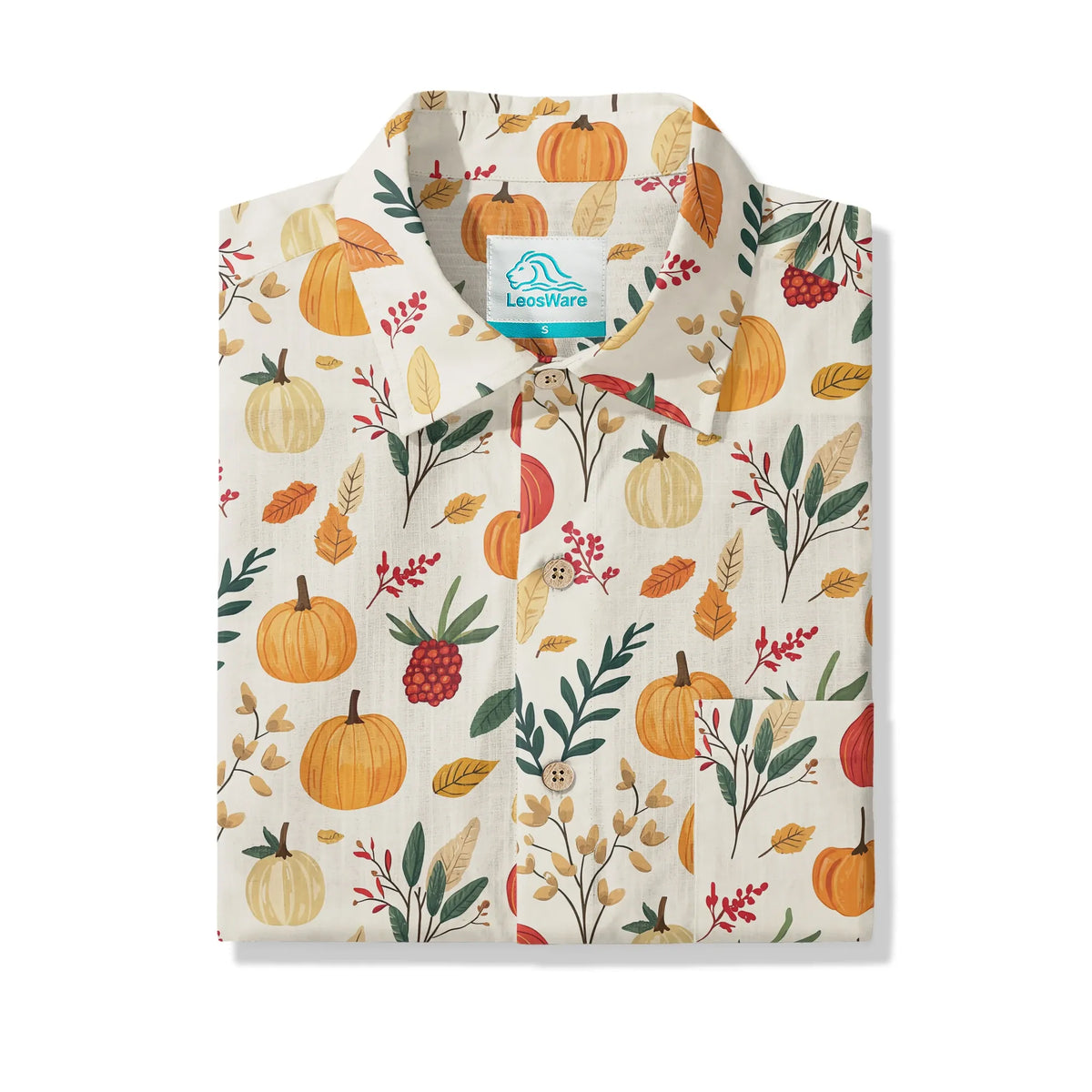 Men's Hawaiian Shirt, Thanksgiving theme, pumpkin leaf print, yellow