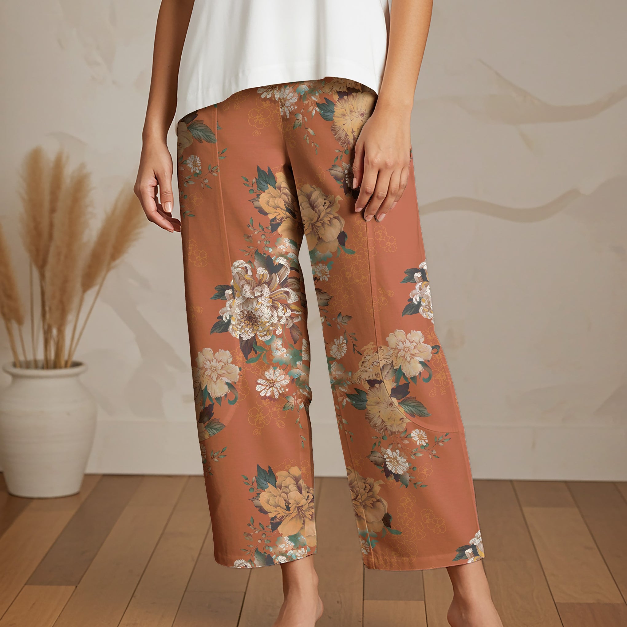 Women Casual Ankle Pants Lounge Elastic Waist with Pockets 93% Lyocell, 7% Linen Brown Aloha Warm Brown Floral Charm