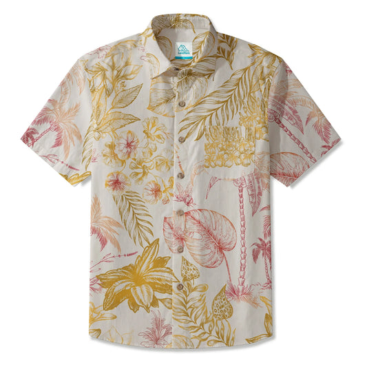 Yellow Aloha Tropical Blossoms men's Hawaiian shirt, short sleeve
