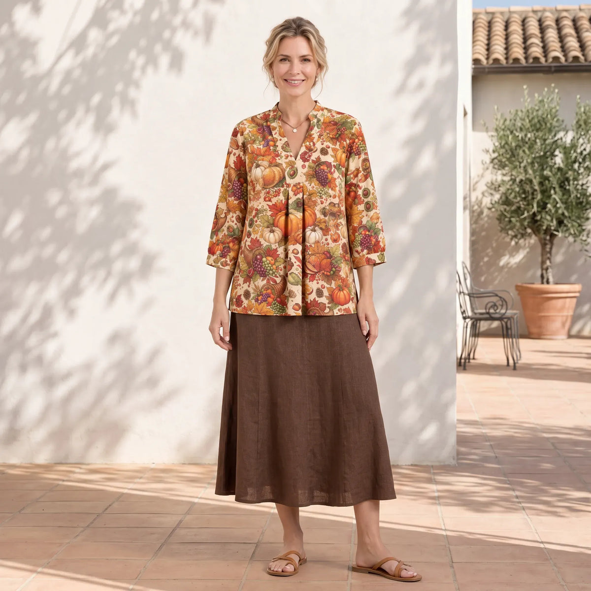 Thanksgiving Bounty Blouse with Orange and Harvest Pattern