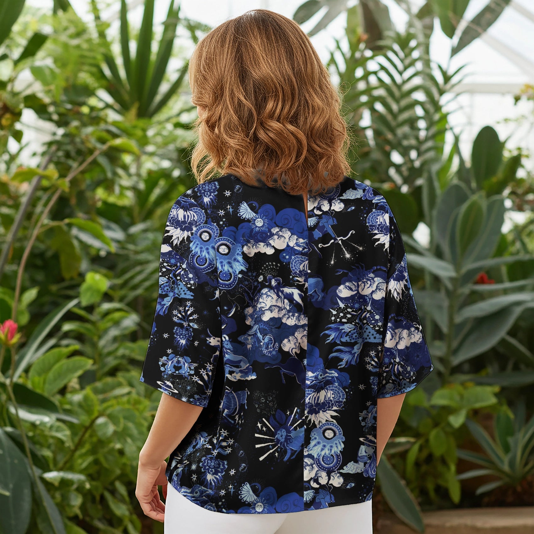 Women Casual Blouse Elbow Sleeve Round Neck Button-Back 100% Lyocell Blue Aloha Mystical Cosmic Blue Galaxy