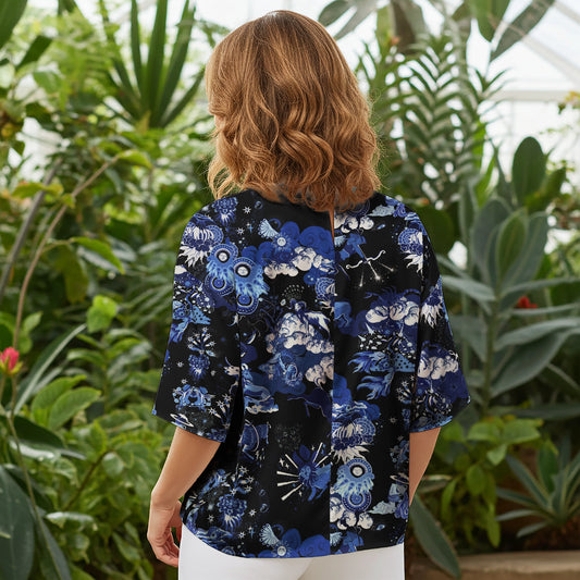 Women Casual Blouse Elbow Sleeve Round Neck Button-Back 100% Lyocell Blue Aloha Mystical Cosmic Blue Galaxy