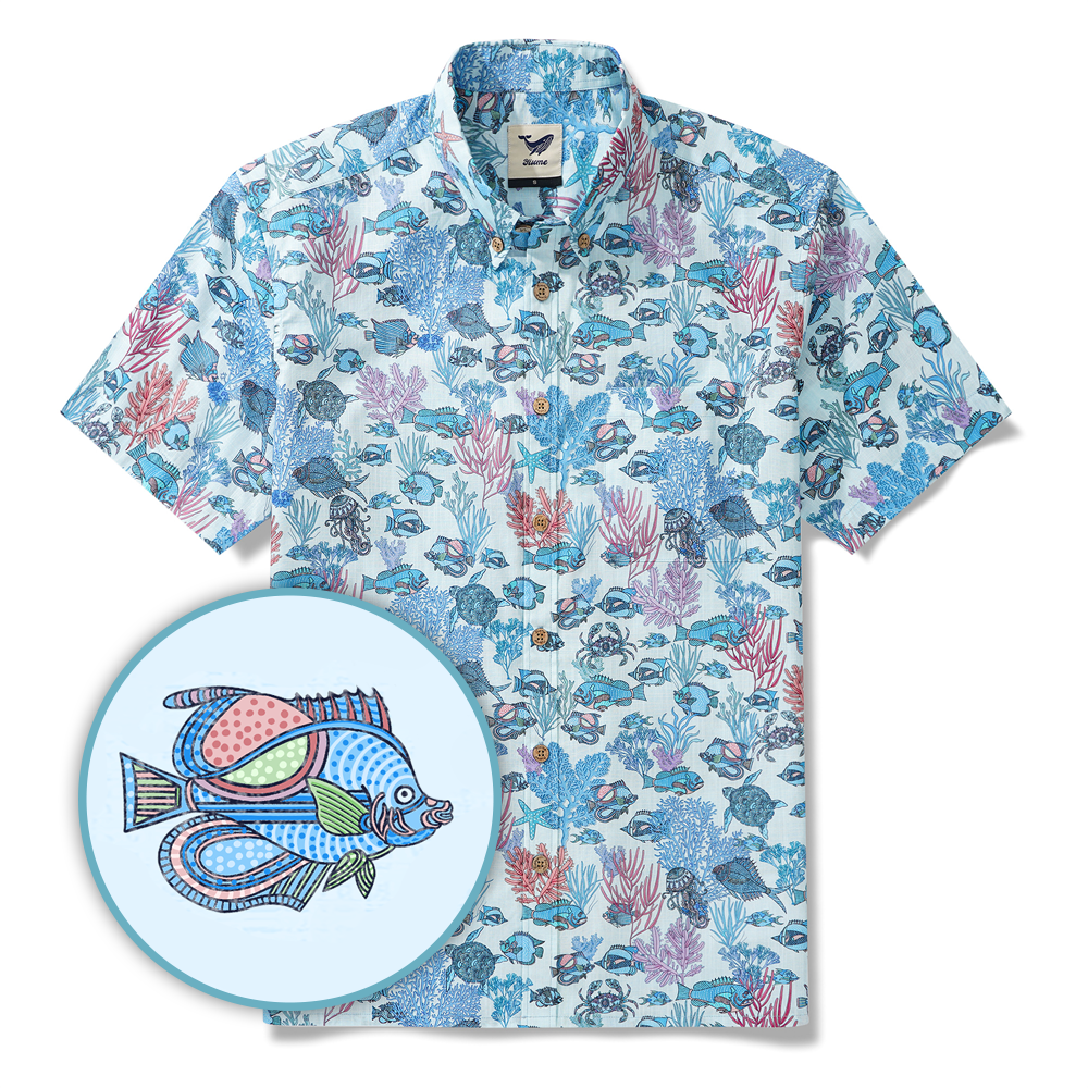 Blue Hawaiian Shirt for Men Fish Shirt à manches courtes à manches courtes 100% coton Blue balas Boho