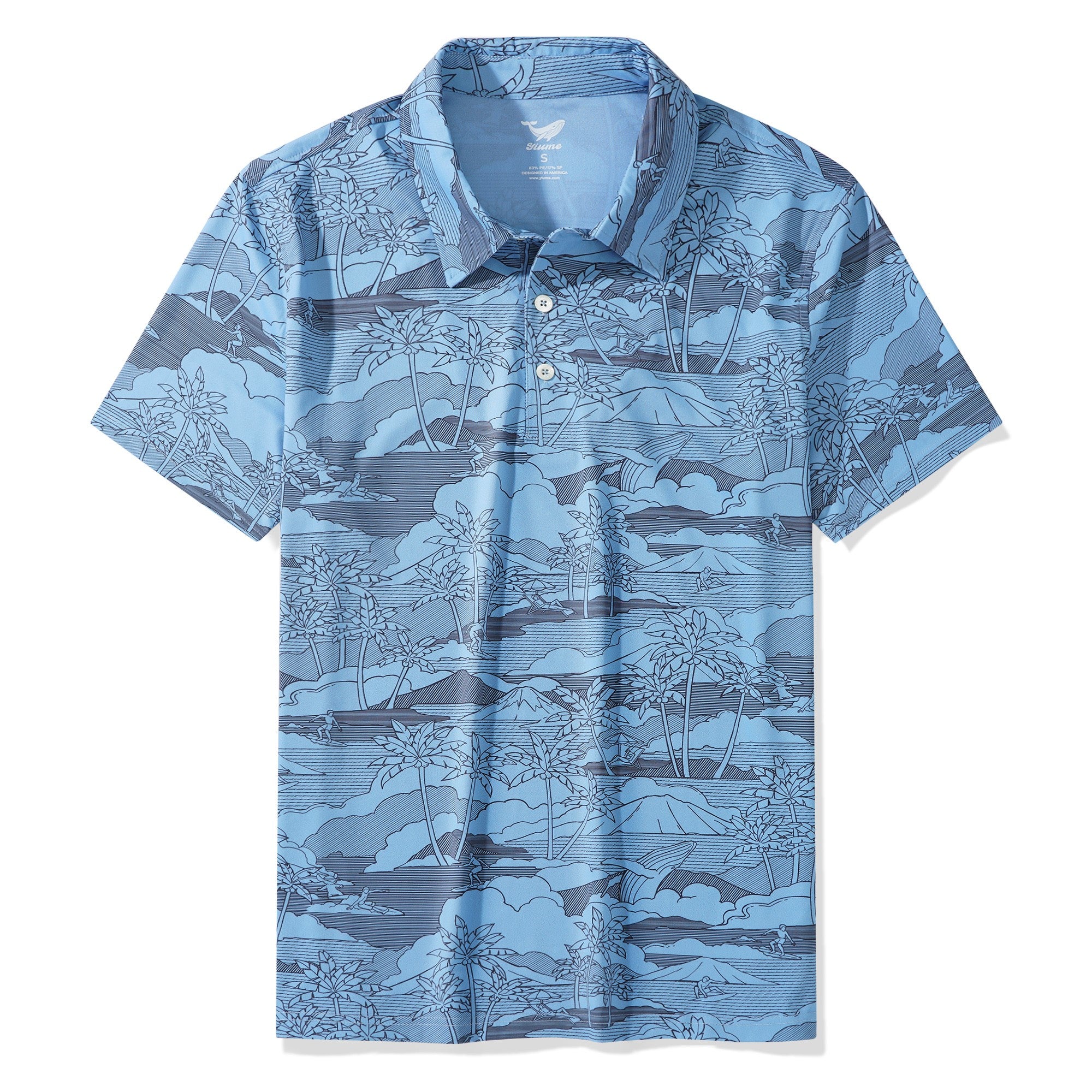 メンズハワイアンポロシャツ半袖83％リサイクルポリエステル17％スパンデックスブルーアロハ島サーフィン