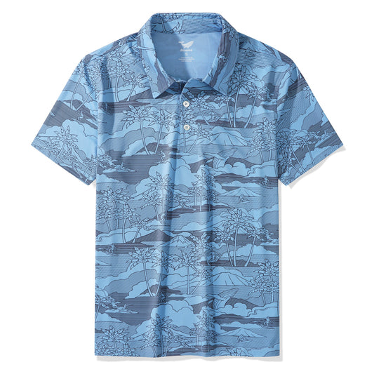 メンズハワイアンポロシャツ半袖83％リサイクルポリエステル17％スパンデックスブルーアロハ島サーフィン