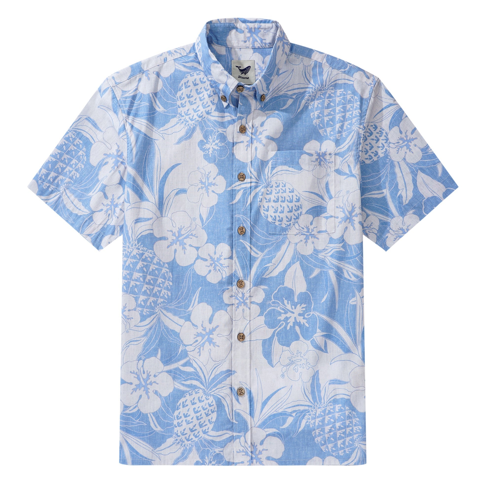 Chemise hawaïenne masculine à manches courtes à manches courtes 100% coton blue ananas et hibiscus hawaïen