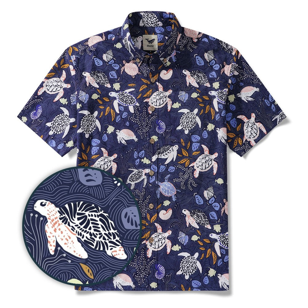 Chemise hawaïenne masculine bouton à manches courtes 100% coton bleu Aloha Happy Sea Turtles Family Navy Blue par Annick