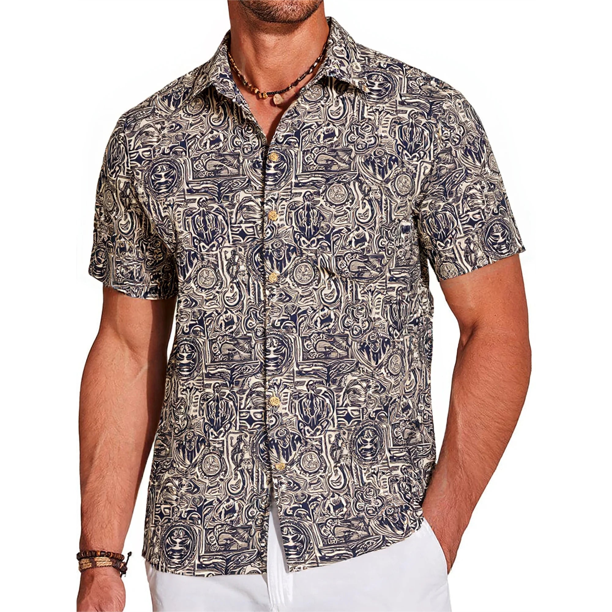 LeosWare® Men's Hawaiian Shirt Short Sleeve Button-up 100% Cotton Blue Aloha Exotic Tribe Gray-blue Art Pattern Painting