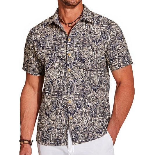 LeosWare® Men's Hawaiian Shirt Short Sleeve Button-up 100% Cotton Blue Aloha Exotic Tribe Gray-blue Art Pattern Painting