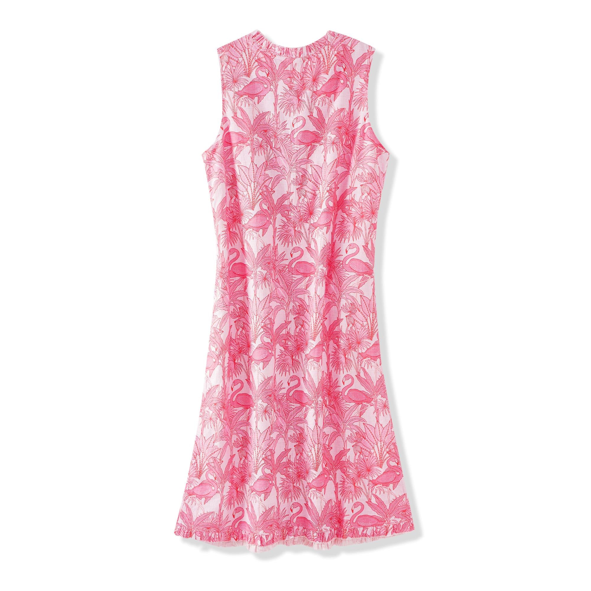 Women's Hawaiian Dress Sleeveless V-neck 55% Linen 45% Rayon Aloha Flamingos & Chameleons By House of Haricot