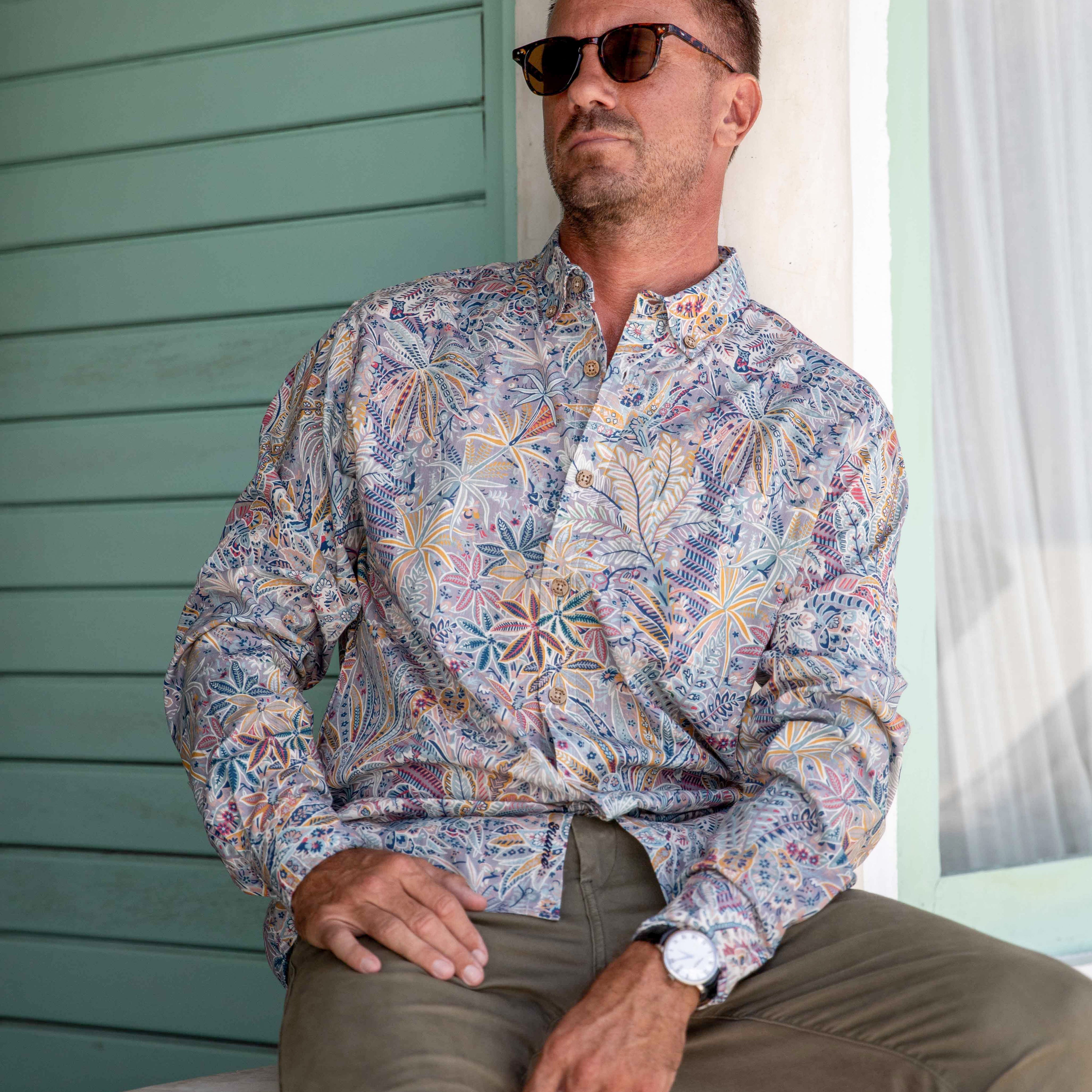 Men's Hawaiian Shirt Tropical Palm Tree Print Cotton Button-down Long Sleeve Aloha Shirt