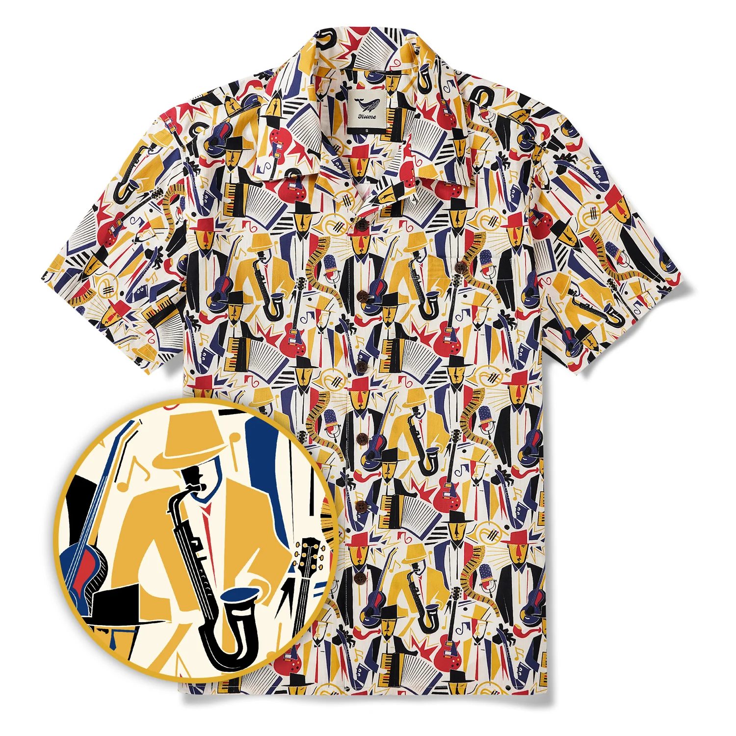 Men's Hawaiian Shirt Short Sleeve Camp Collar 100% Cotton Yellow Aloha Joyful Jazz By Pallavi Chaudhary