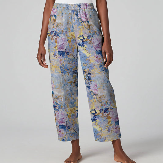 Women Casual Ankle Pants Lounge Elastic Waist with Pockets 93% Lyocell, 7% Linen Purple Aloha Elegant Blossom