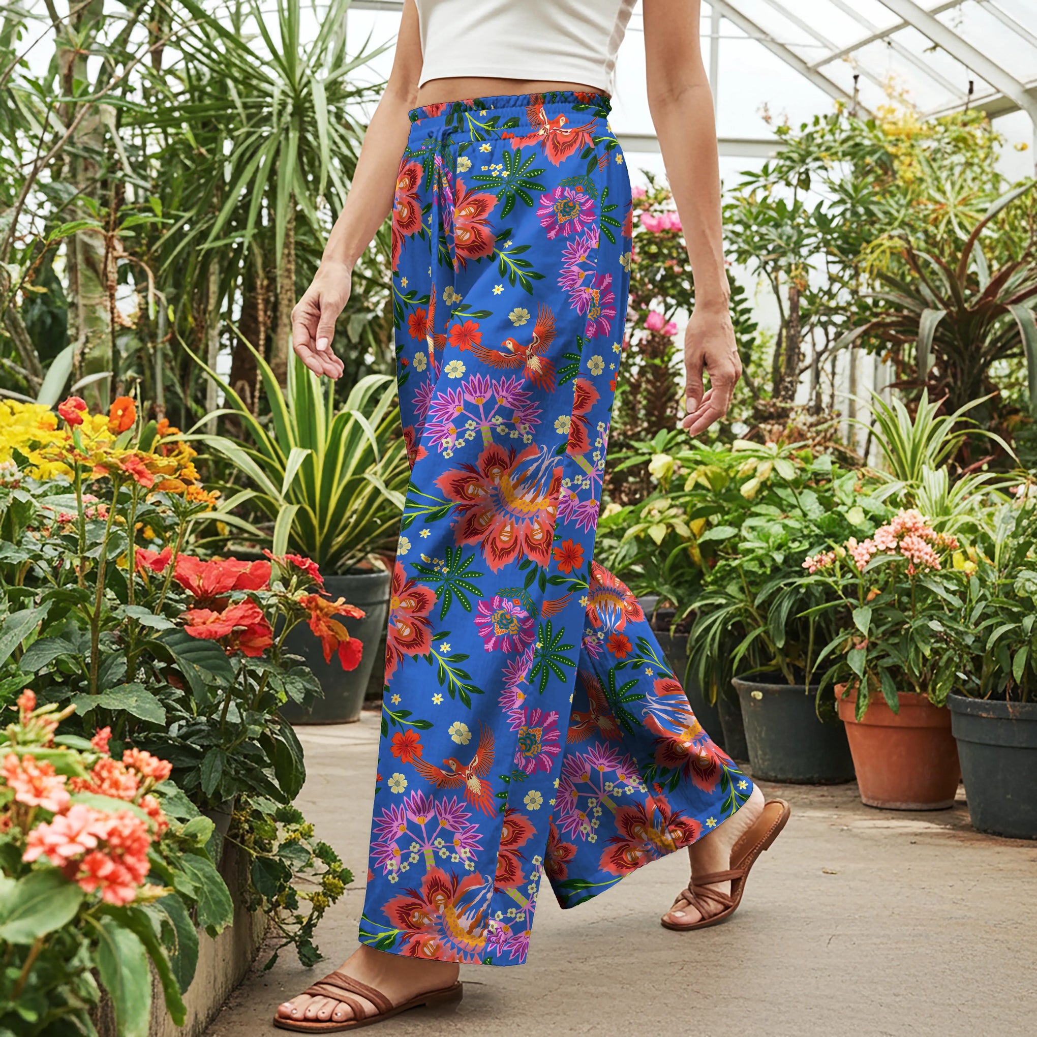 Women Casual Pants Lounge Elastic Waist Drawstring with Pockets 100% Cotton Blue Aloha Vibrant Tropical Garden