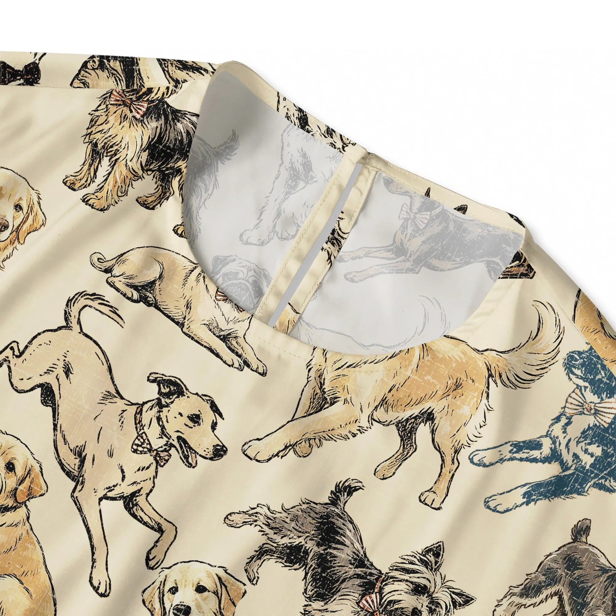 Back view of Aloha Dog Print Blouse, button-back, yellow