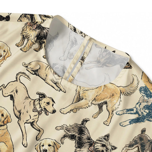 Back view of Aloha Dog Print Blouse, button-back, yellow