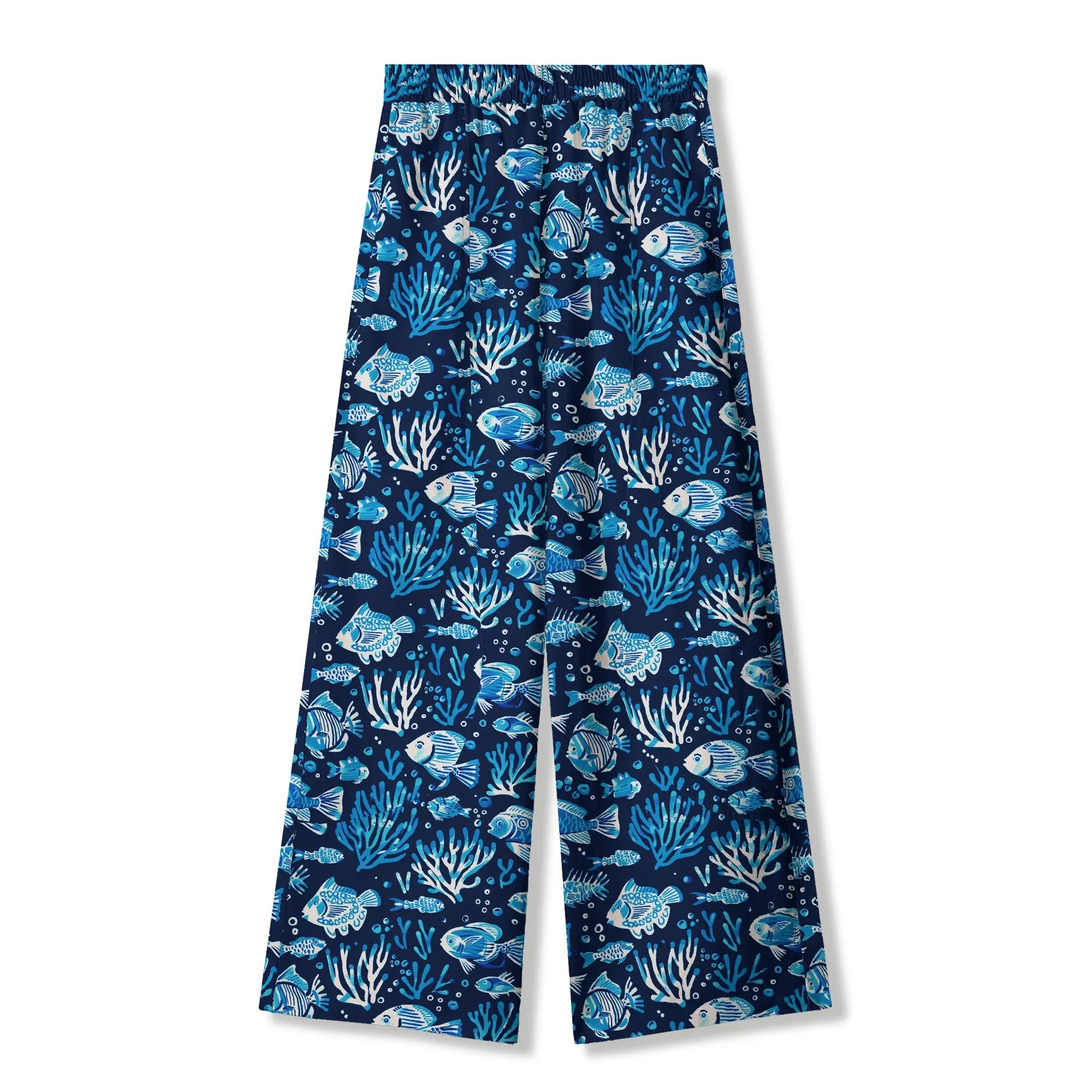 Blue Coral Aloha pants, tropical fish pattern, eco-friendly
