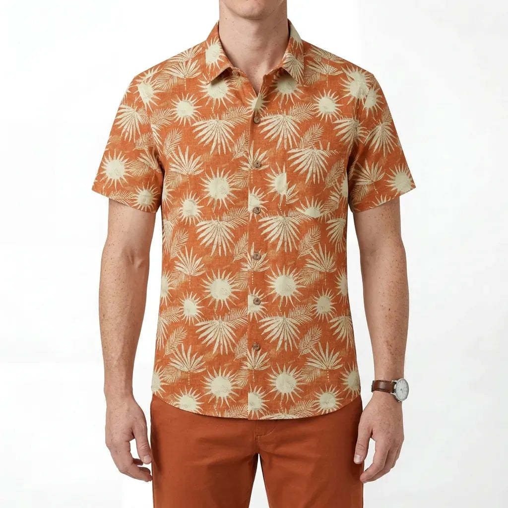 Back view of orange coconut shadow Hawaiian shirt