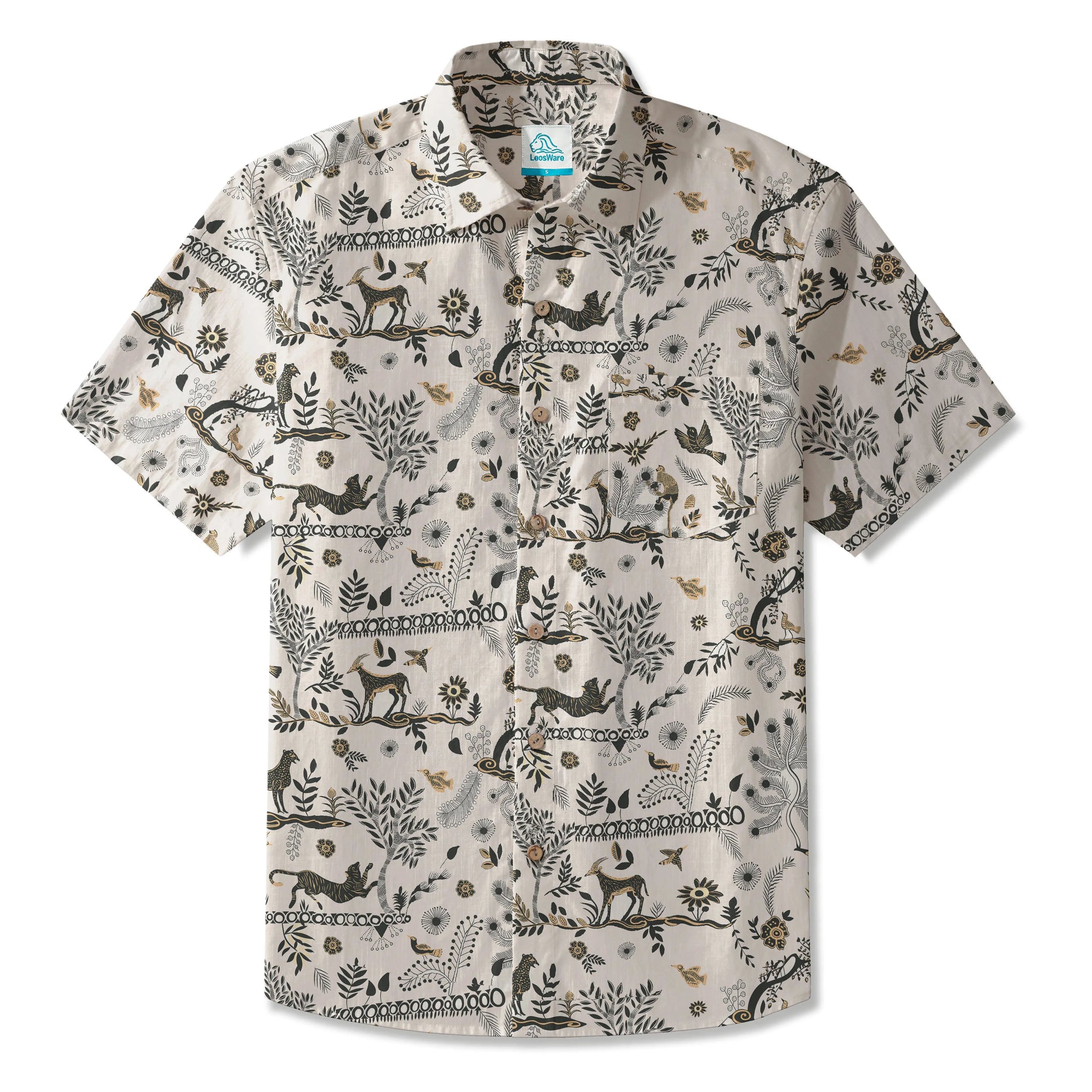 LeosWare® Men's Hawaiian Shirt Short Sleeve Button-up 100% Cotton Black Aloha Vintage Wilderness Elegance