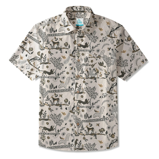 LeosWare® Men's Hawaiian Shirt Short Sleeve Button-up 100% Cotton Black Aloha Vintage Wilderness Elegance