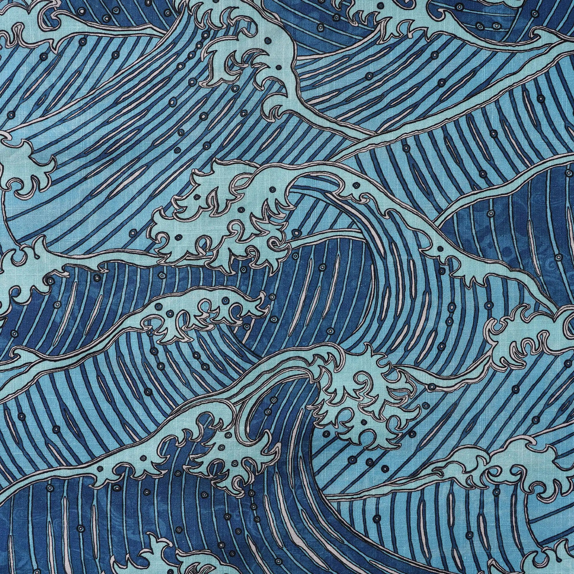 Men's Hawaiian Shirt Short Sleeve Button-down 100% Cotton Blue Aloha Surging Waves Of Ukiyo-e