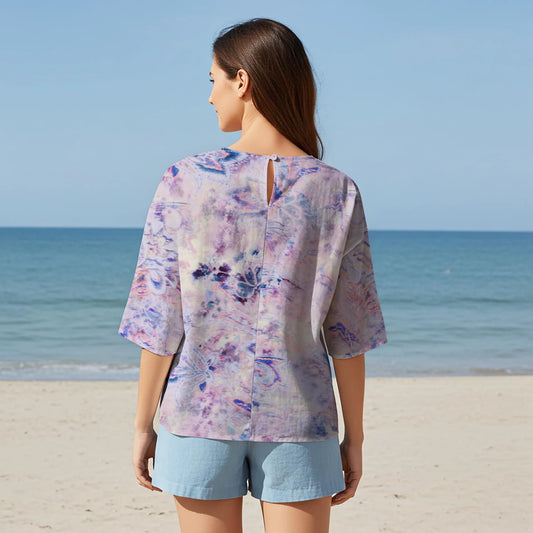 Women Casual Blouse Elbow Sleeve Round Neck Button-Back 95% Lyocell, 5% Linen Purple Aloha Bohemian Vintage Charm