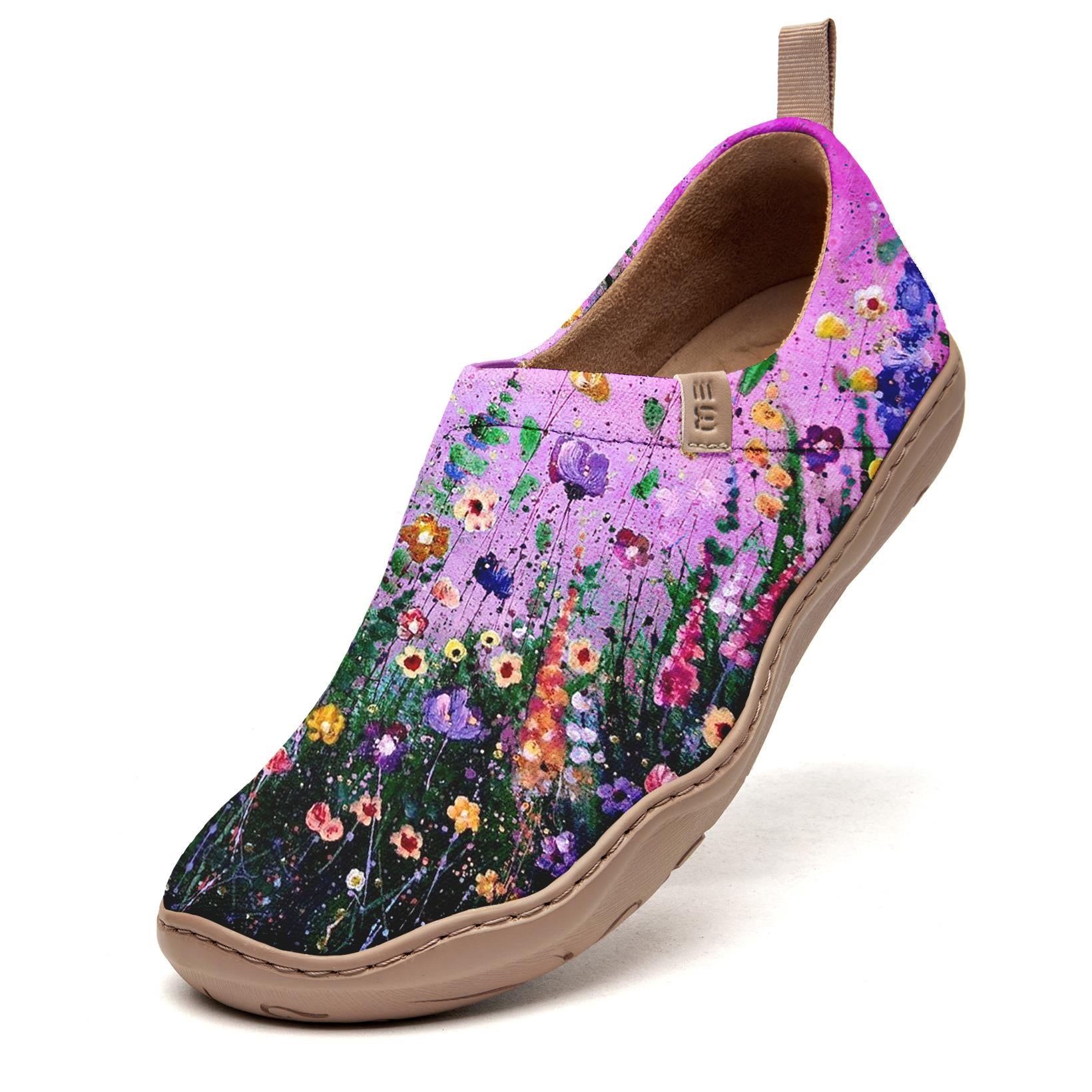 Yiume Frauenkunst Slip-on lässige Leinwandschuhe rosa Hibiscus Blüte gemalt, 100% Baumwollviolette Sternenhimmelblüte