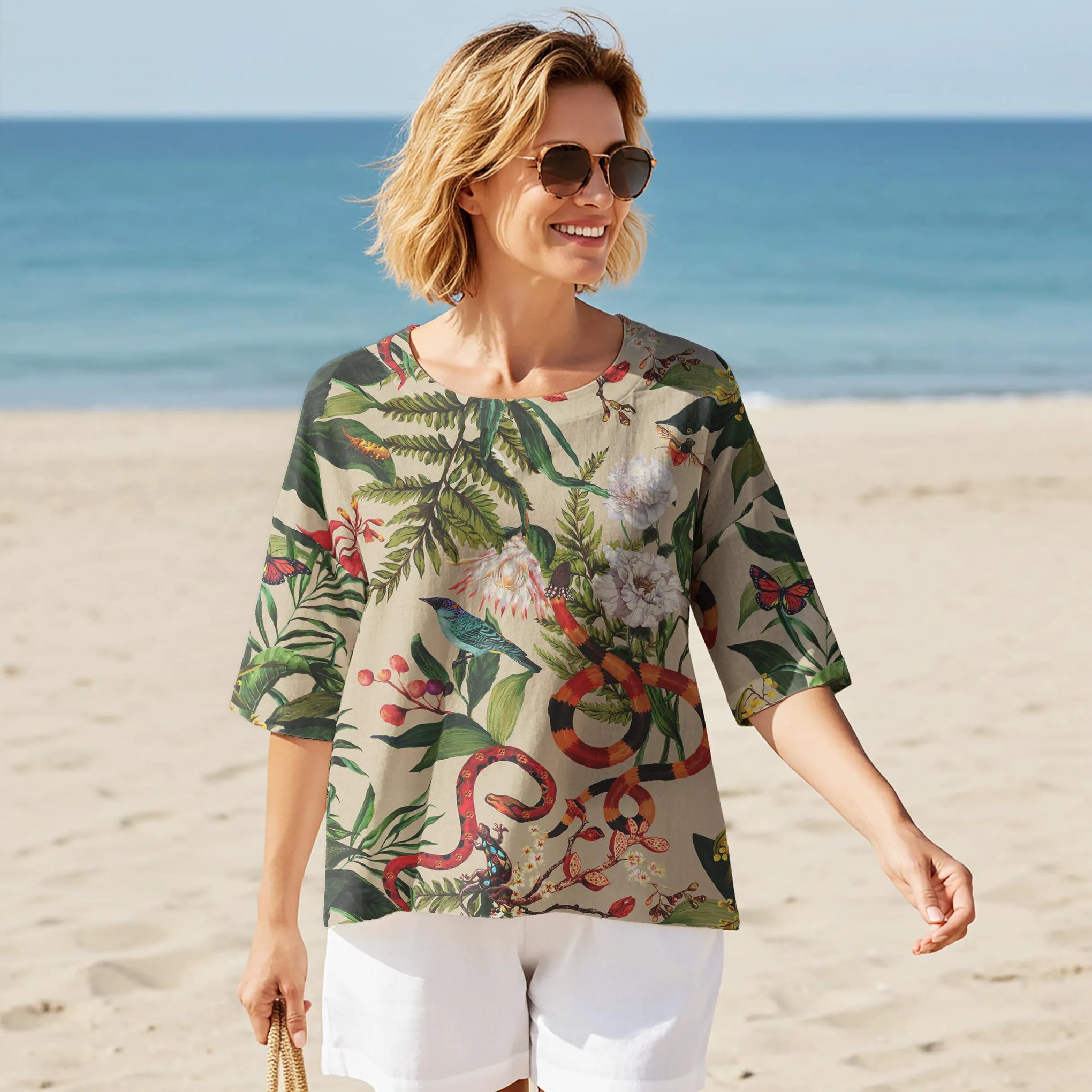 Women Casual Blouse 3/4 Sleeve Round Neck 95% Lyocell, 5% Linen Green Aloha Jungle Rave Fiesta