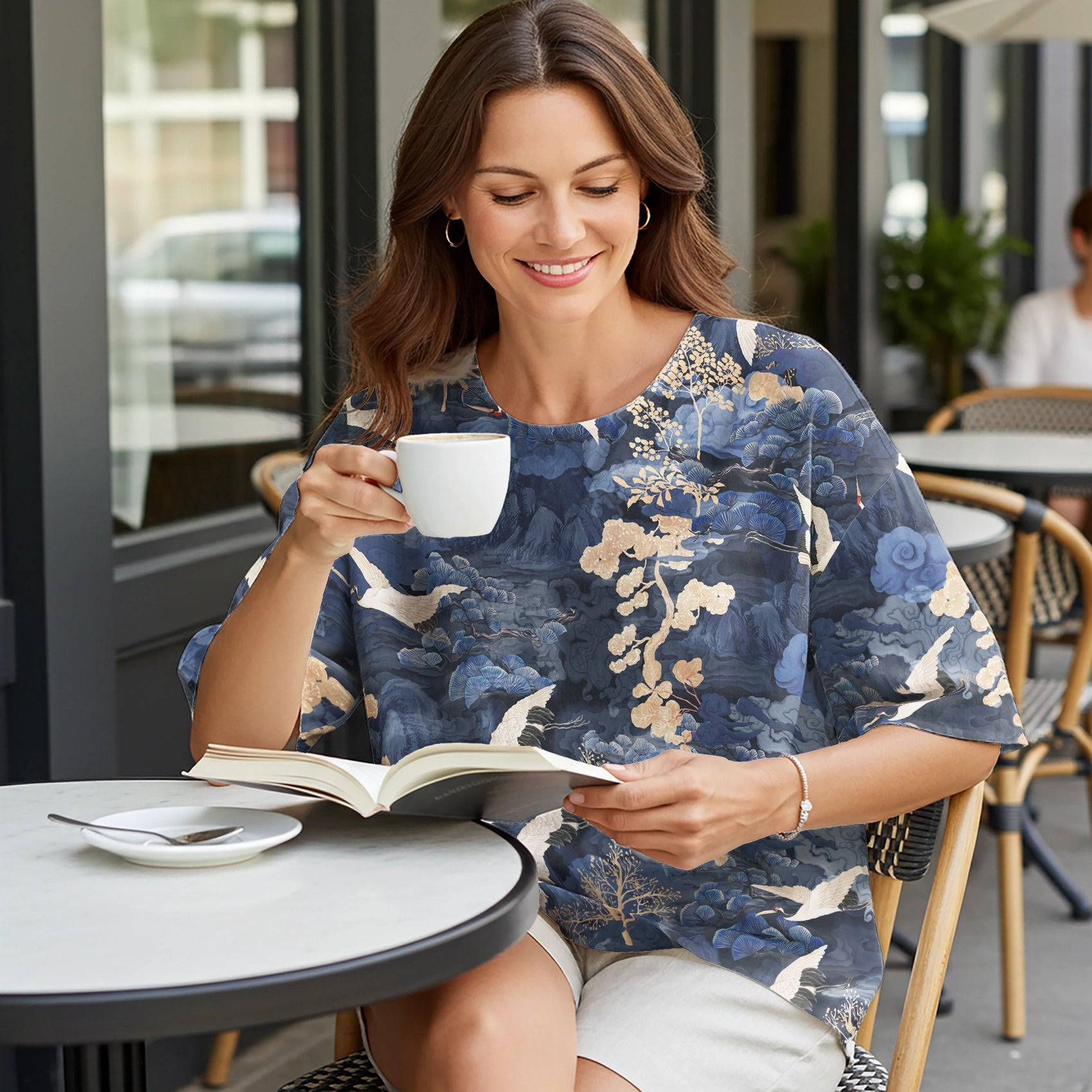 Women Casual Blouse Elbow Sleeve Round Neck Button-Back 95% Lyocell, 5% Linen Blue Aloha Oriental Crane Landscape