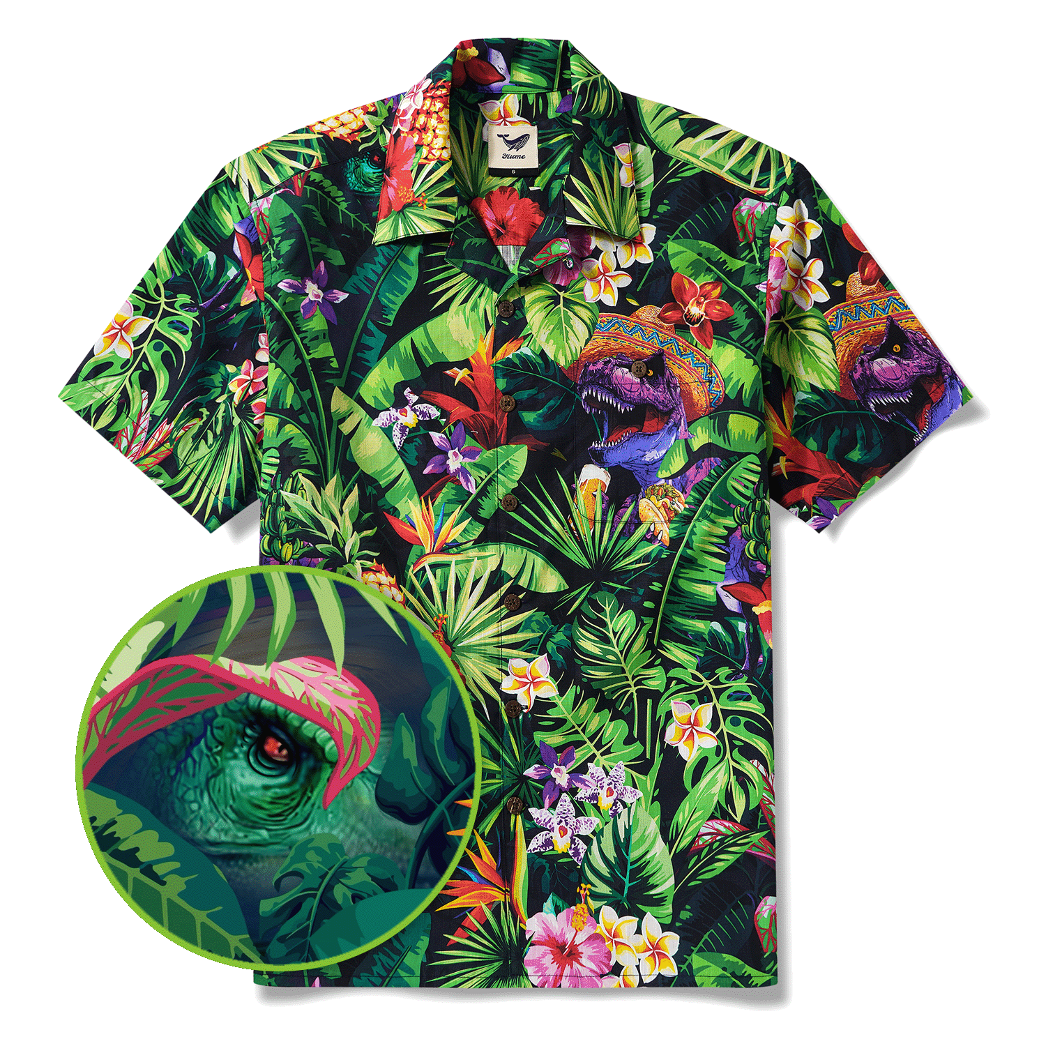 Men's Hawaiian Shirt Short Sleeve Camp Collar 100% Cotton Purple Aloha Jungle Dinosaur Party Time