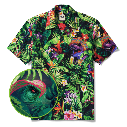Men's Hawaiian Shirt Short Sleeve Camp Collar 100% Cotton Purple Aloha Jungle Dinosaur Party Time