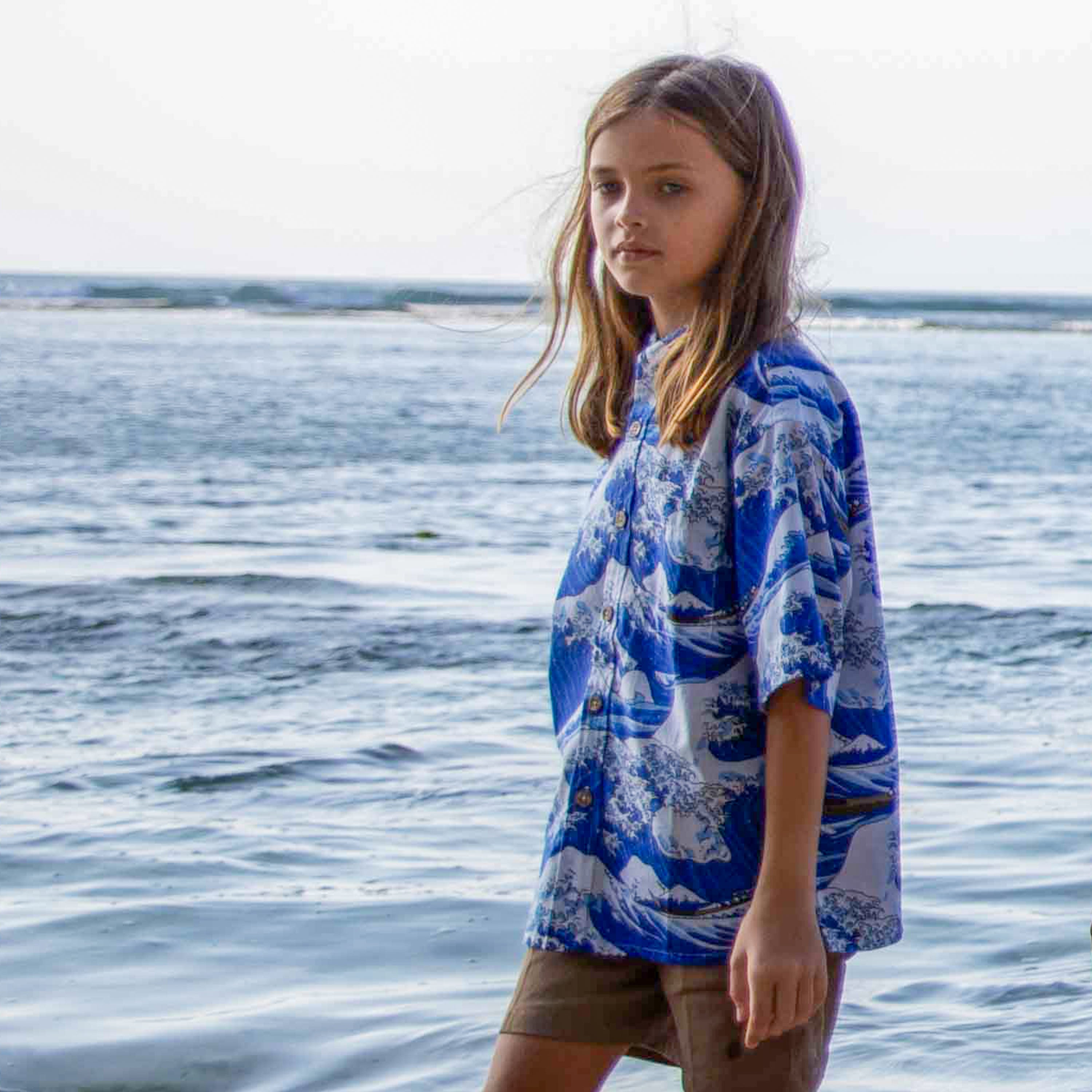 Children's Hawaiian Shirt Ocean Waves Japanese Ukiyo-e Print Cotton Button-down Short Sleeve