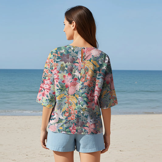 Women Casual Blouse Elbow Sleeve Crew Neck Button-Back 95% Lyocell, 5% Linen Green Aloha Sakura Blossom